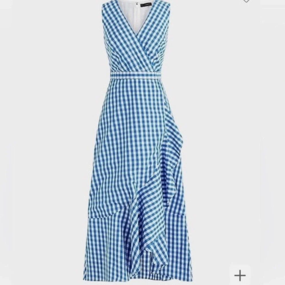 J.Crew 6 Gingham Wrap Dress Blue White Midi Sleeveless Ruffle Hem V-neck - Picture 3 of 3